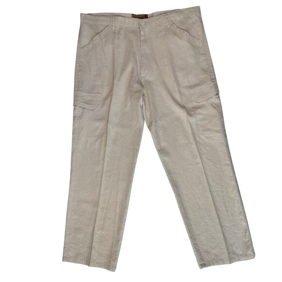 Cream Off White Linen Cargo Slacks Mens 40x30 Beachy Vacation Resortwear Pockets - Picture 1 of 14